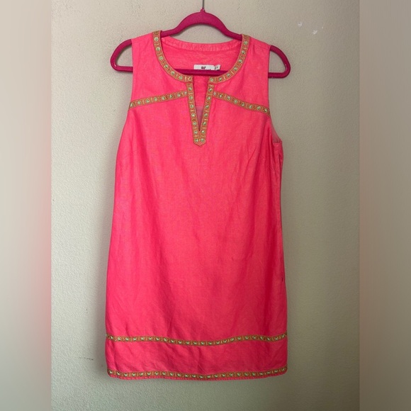 Vineyard Vines Hot Pink Gold Shimmer Linen Embroidered Shift Dress 6 - Picture 1 of 12